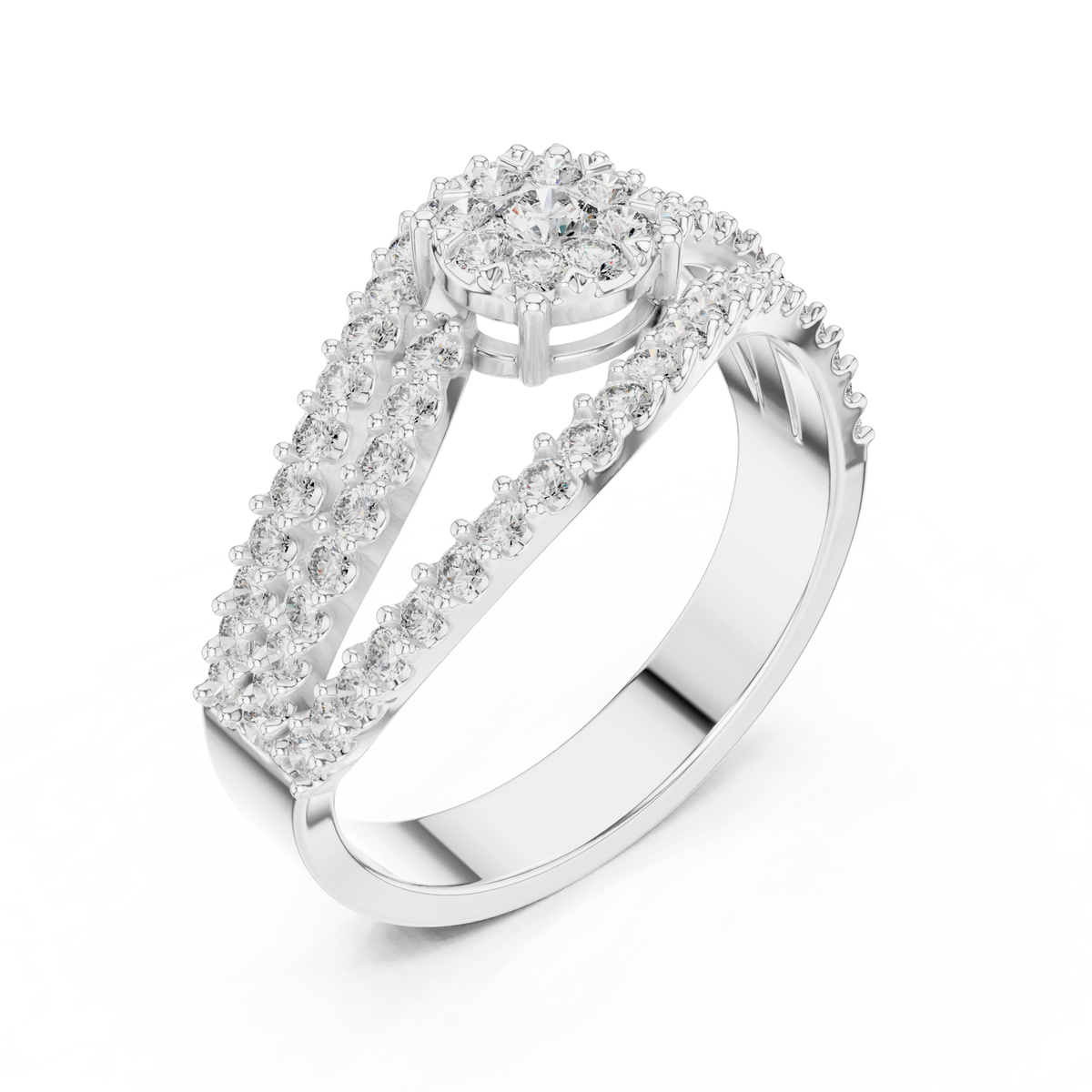 Wavy Three Row Cluster Moissanite Ring in white 925 sterling silver, view 2