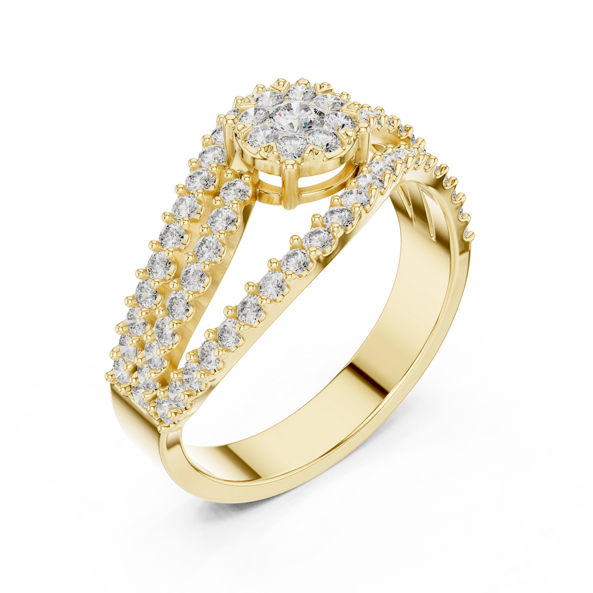 Wavy Three Row Cluster Moissanite Ring in yellow 925 sterling silver, view 2