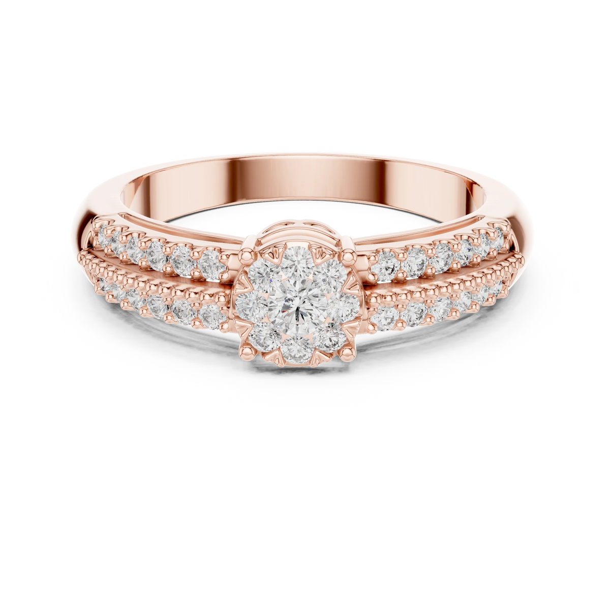 Illusion Cluster Split Shoulder Moissanite Ring in rose 925 sterling silver, view 4