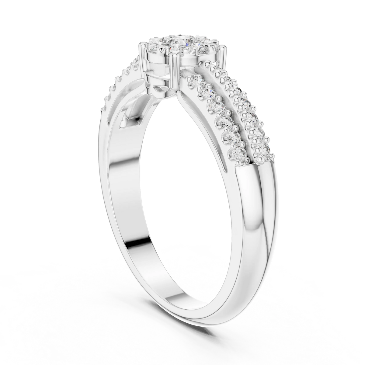 Illusion Cluster Split Shoulder Moissanite Ring in white 925 sterling silver, view 1