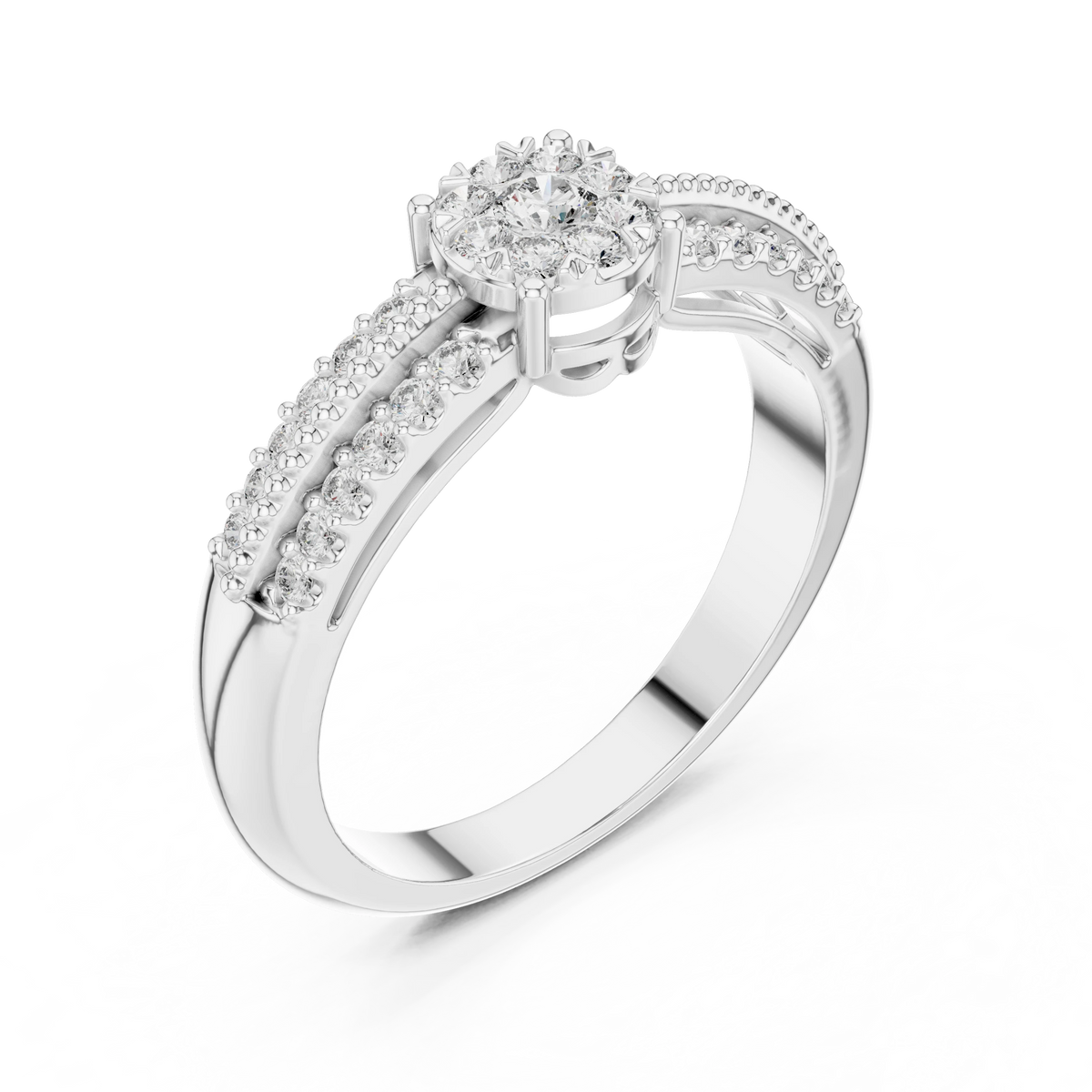 Illusion Cluster Split Shoulder Moissanite Ring in white 925 sterling silver, view 2