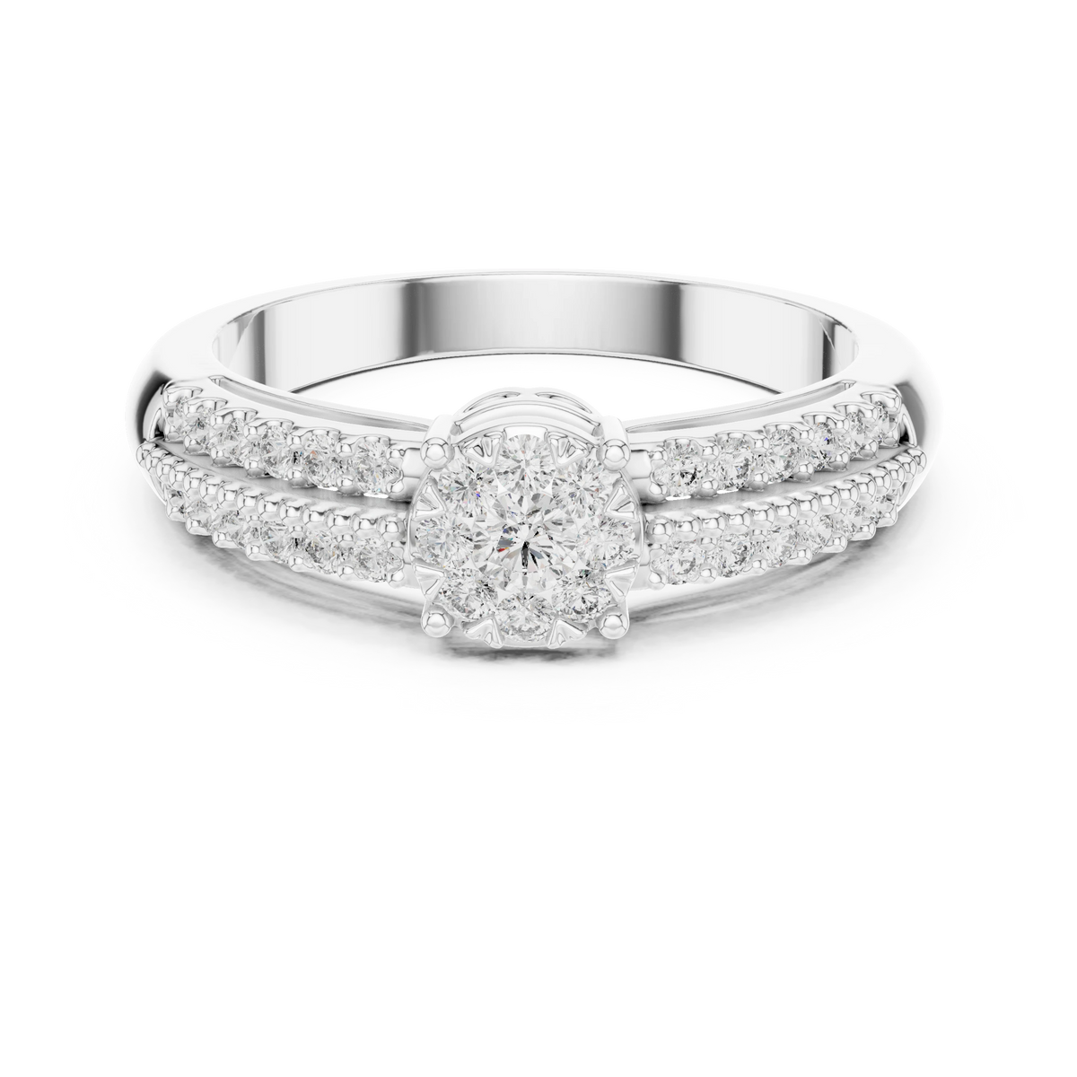 Illusion Cluster Split Shoulder Moissanite Ring in white 925 sterling silver, view 4