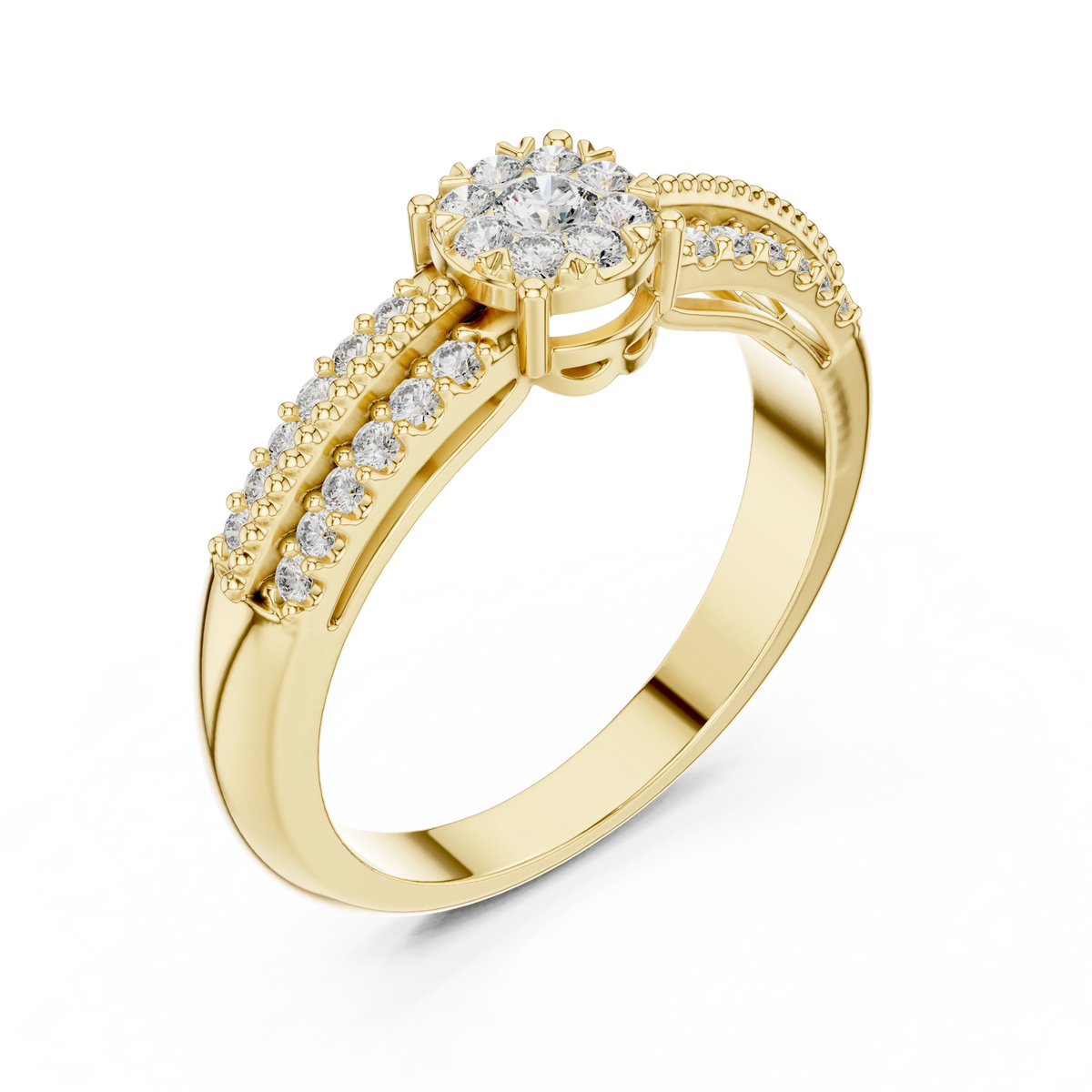 Illusion Cluster Split Shoulder Moissanite Ring in yellow 925 sterling silver, view 2