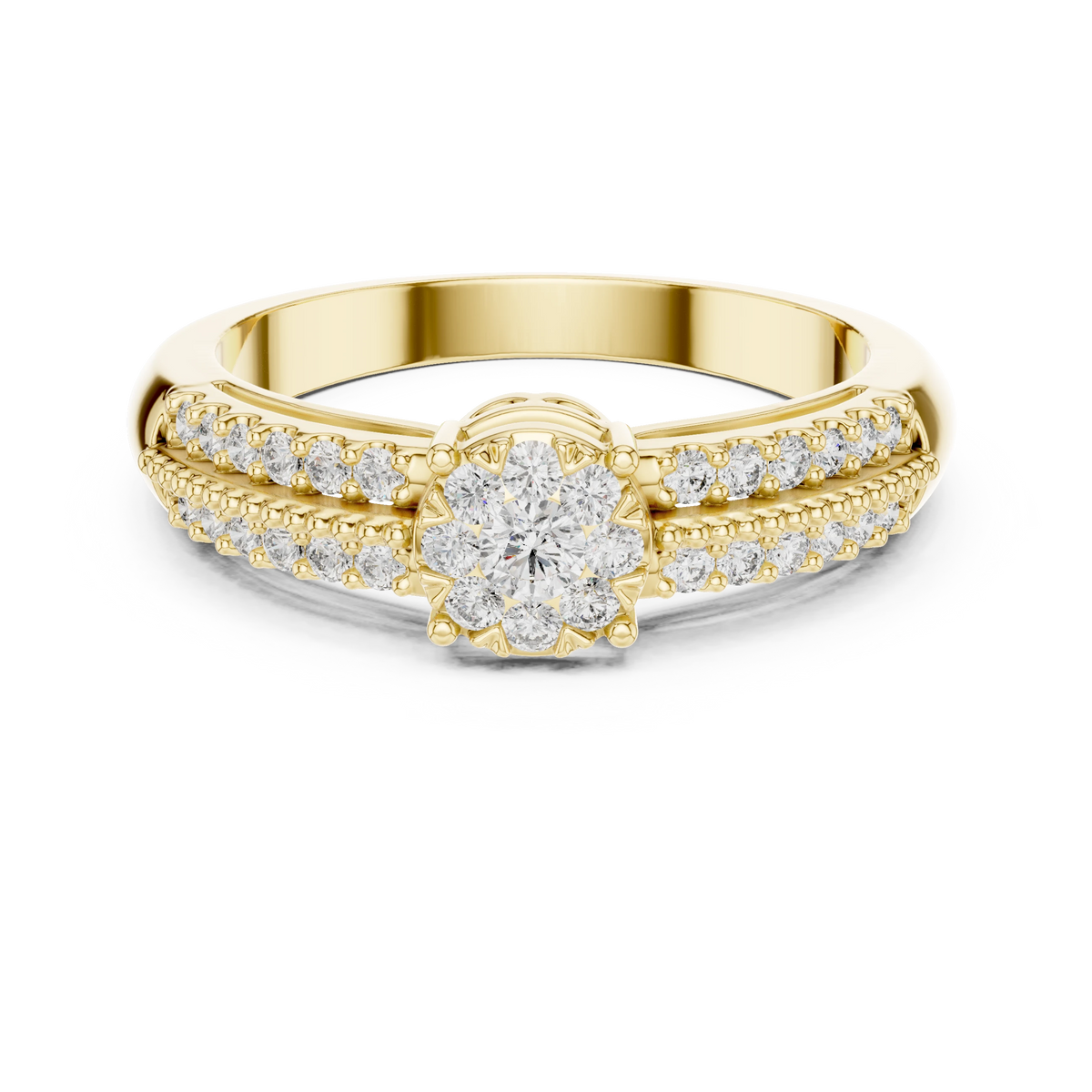 Illusion Cluster Split Shoulder Moissanite Ring in yellow 925 sterling silver, view 4