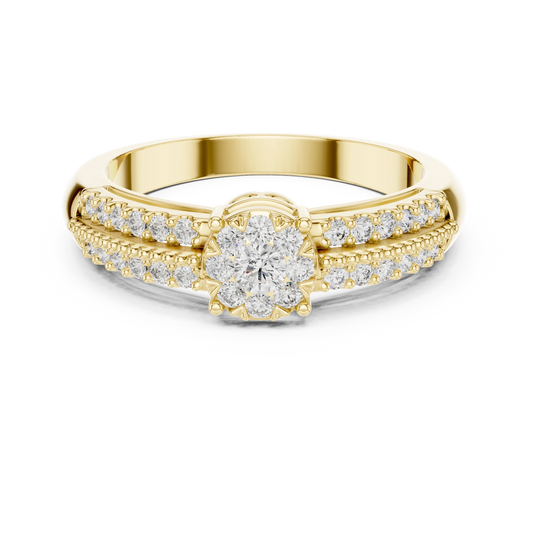 Illusion Cluster Split Shoulder Moissanite Ring in yellow 925 sterling silver, view 4