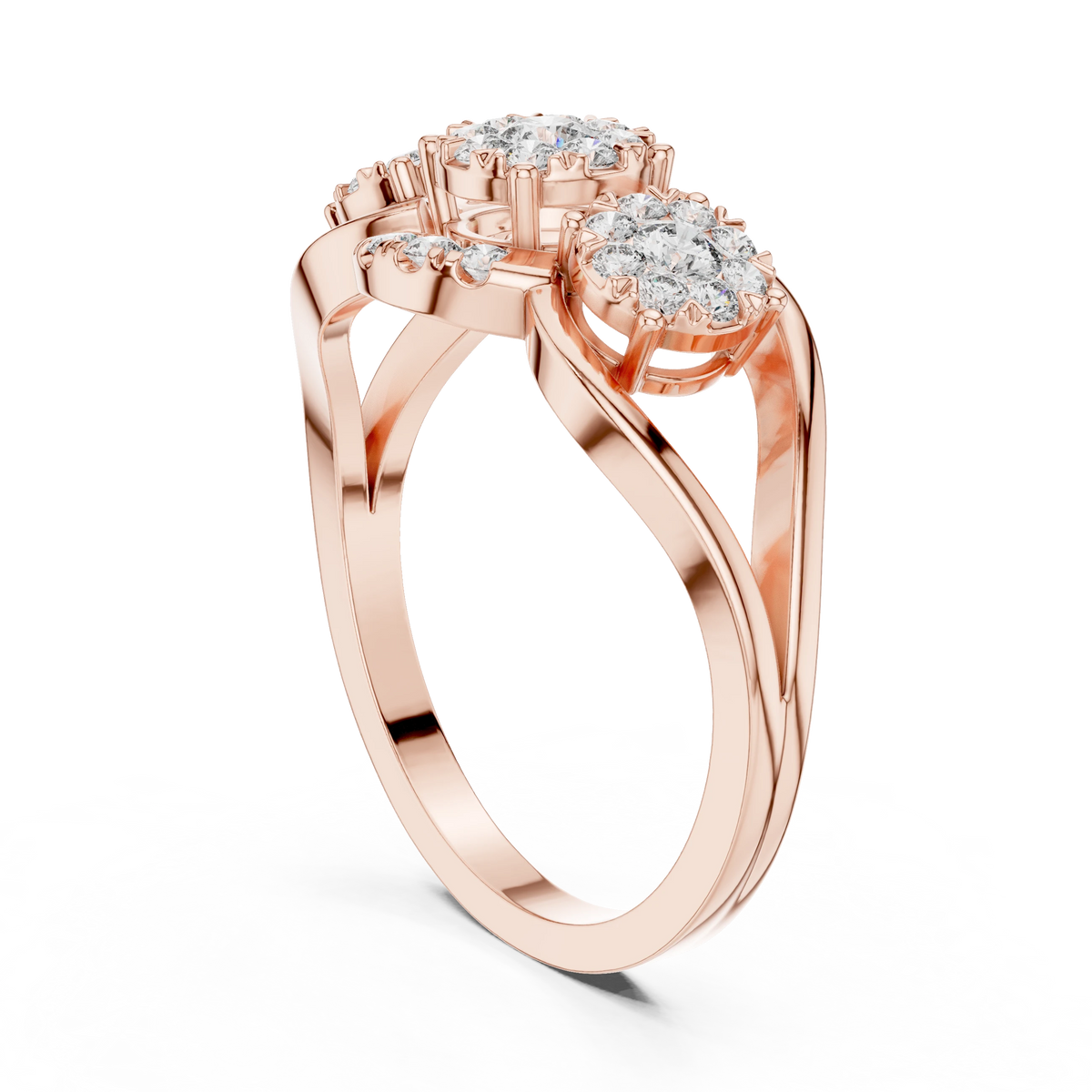 Three Cluster Teardrop Frame Moissanite Ring in rose 925 sterling silver, view 1
