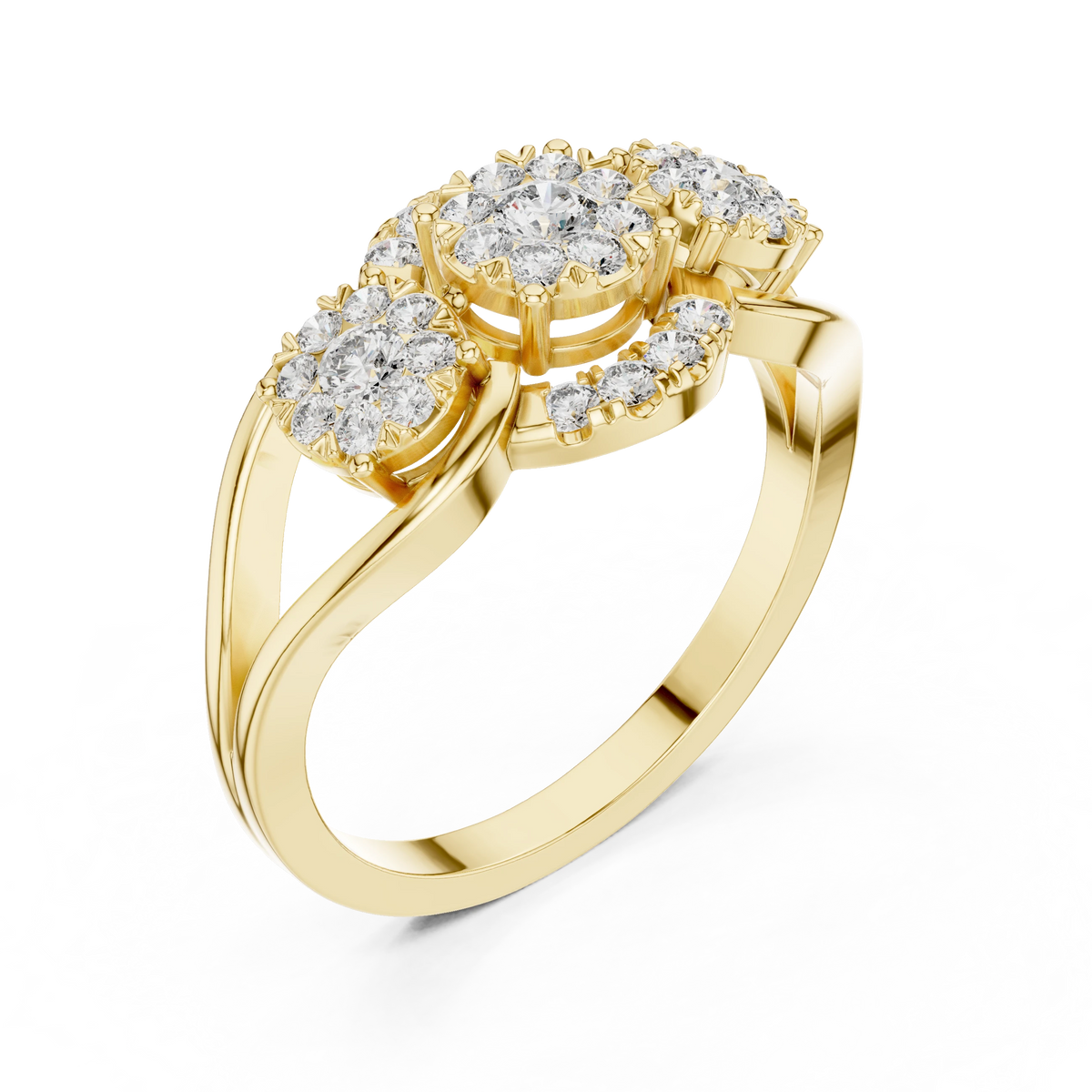 Three Cluster Teardrop Frame Moissanite Ring in yellow 925 sterling silver, view 2