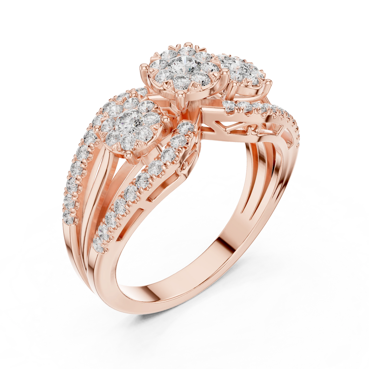 Wide Three Cluster Pavé Arc Moissanite Ring in rose 925 sterling silver, view 2