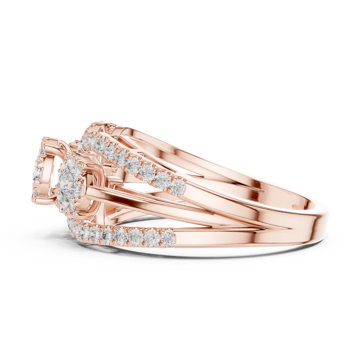 Wide Three Cluster Pavé Arc Moissanite Ring in rose 925 sterling silver, view 3