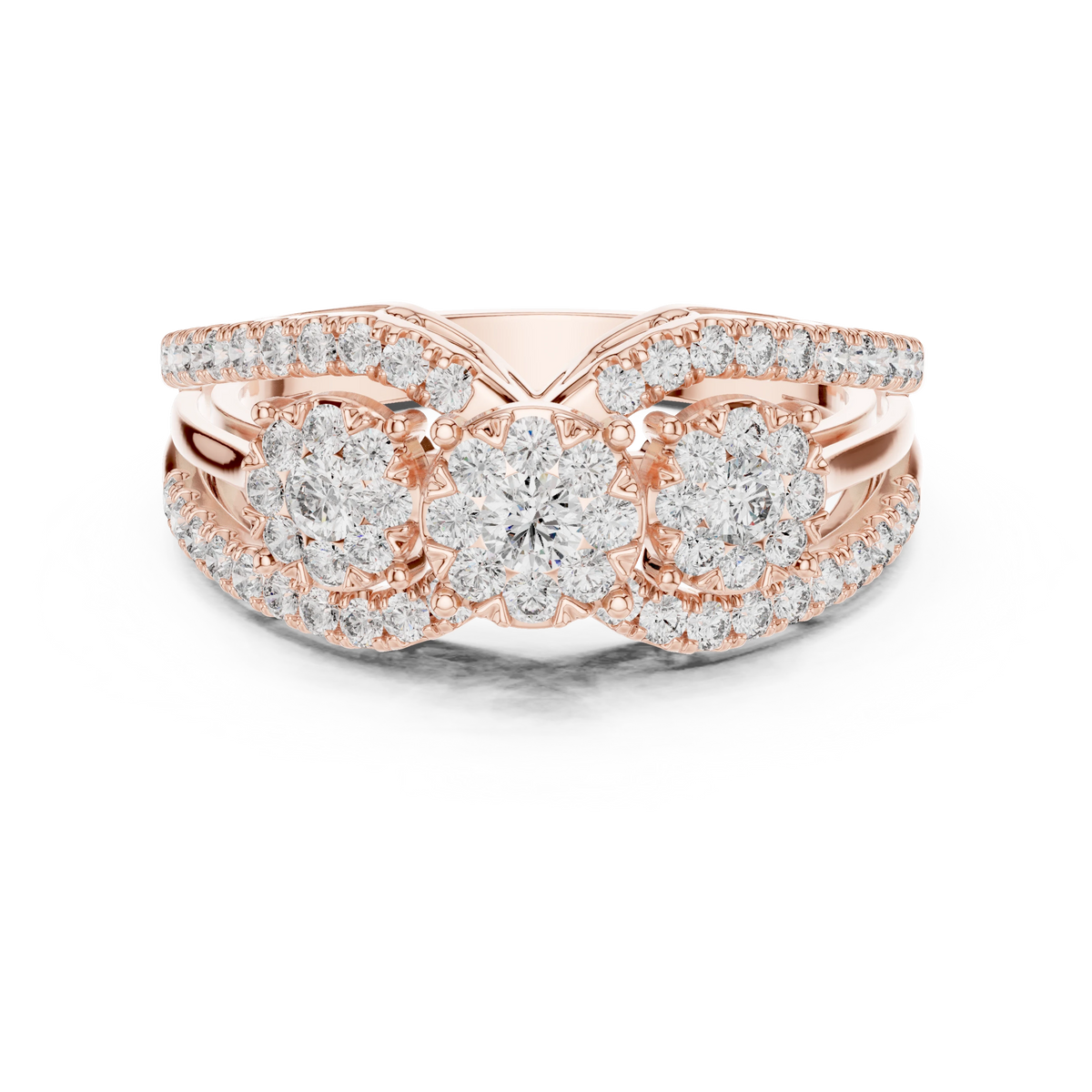 Wide Three Cluster Pavé Arc Moissanite Ring in rose 925 sterling silver, view 4