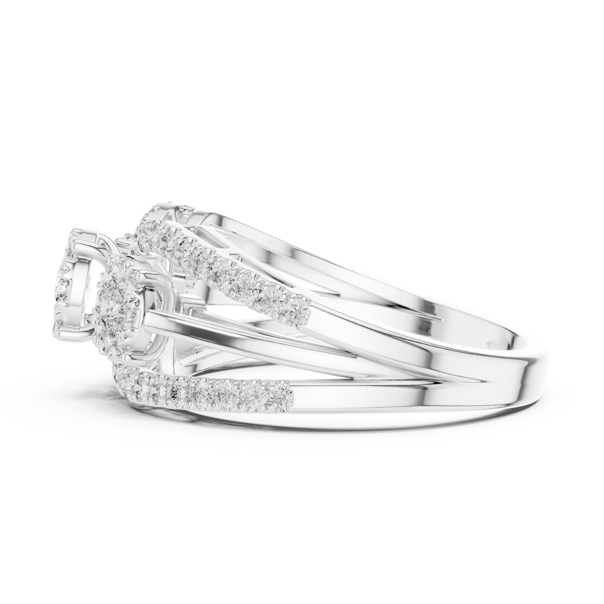Wide Three Cluster Pavé Arc Moissanite Ring in white 925 sterling silver, view 3