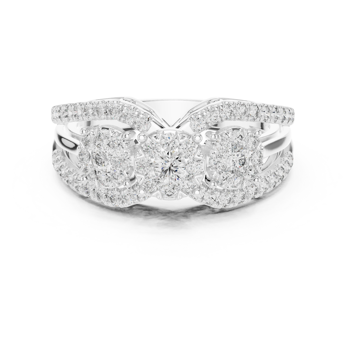 Wide Three Cluster Pavé Arc Moissanite Ring in white 925 sterling silver, view 4