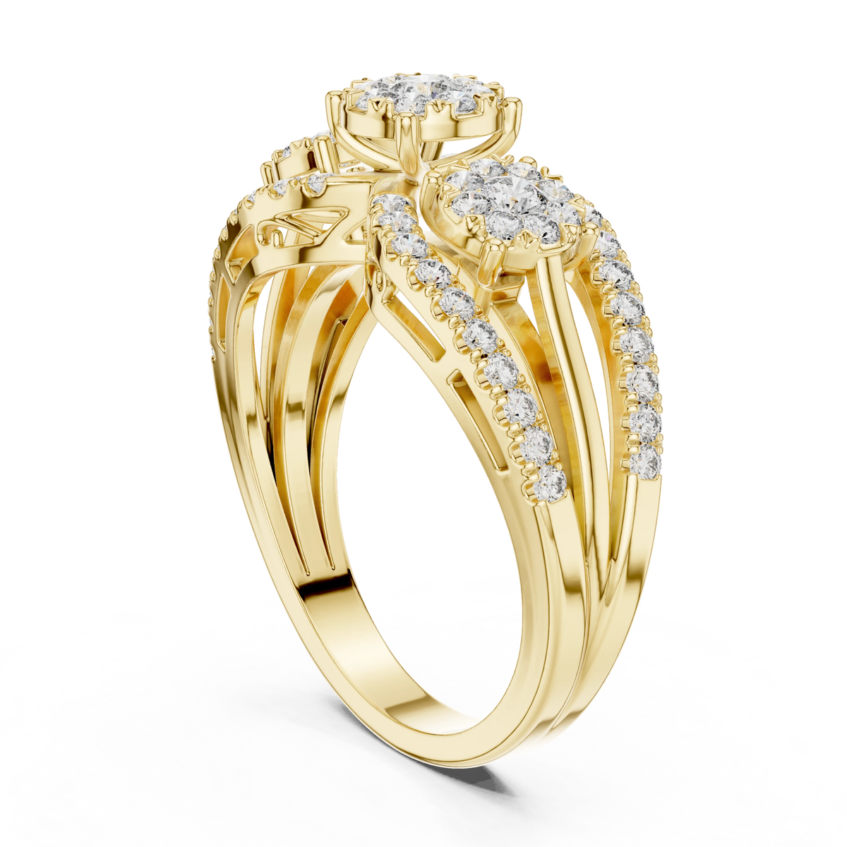 Wide Three Cluster Pavé Arc Moissanite Ring in yellow 925 sterling silver, view 1