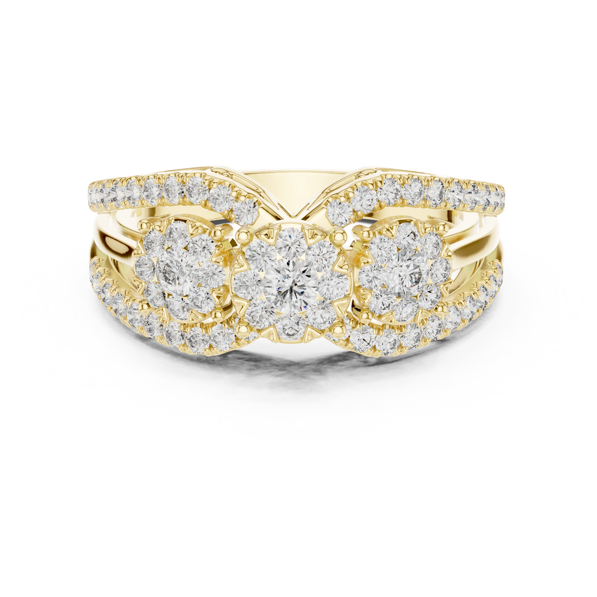 Wide Three Cluster Pavé Arc Moissanite Ring in yellow 925 sterling silver, view 4