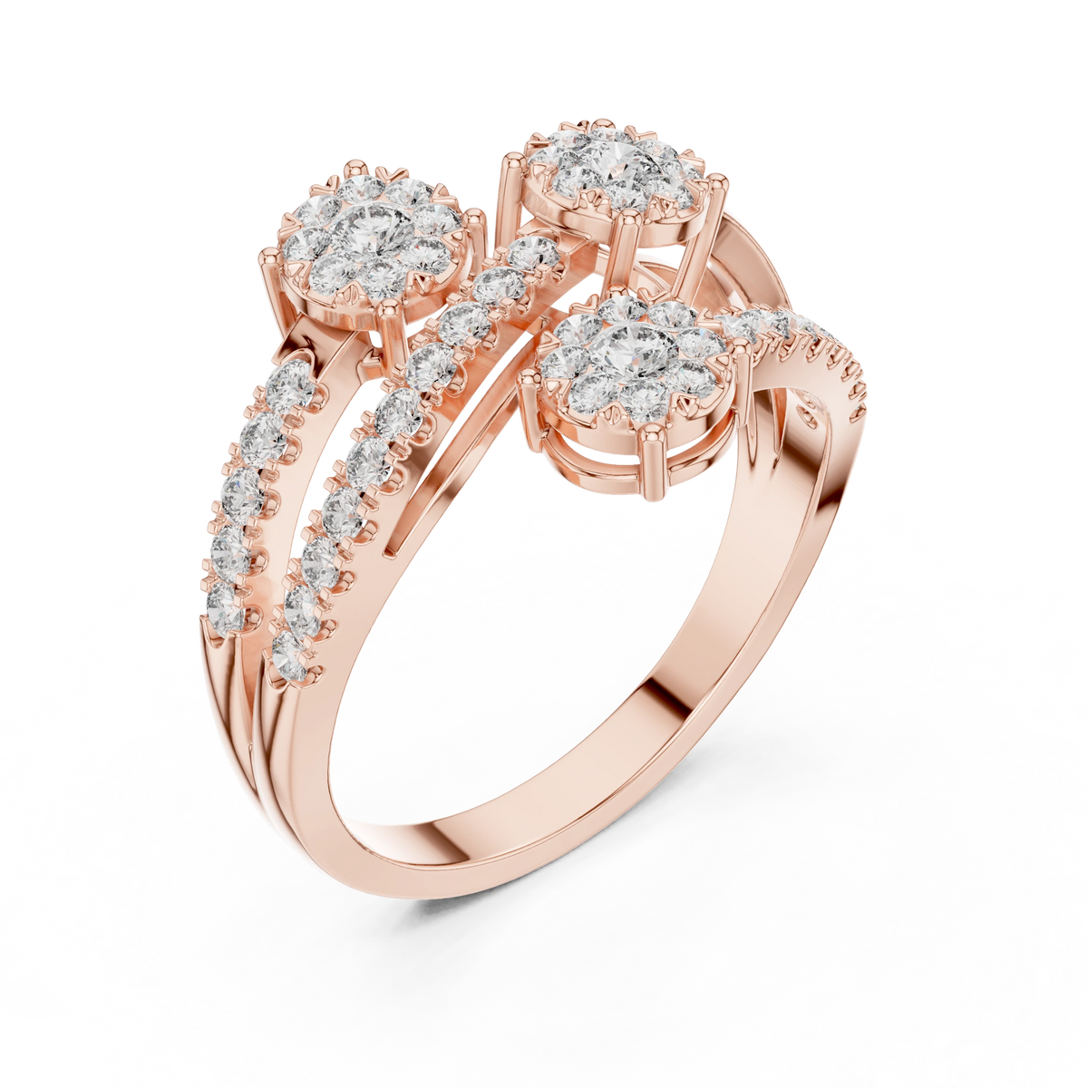 Crossing Wire Three Cluster Bypass Moissanite Ring in rose 925 sterling silver, view 2