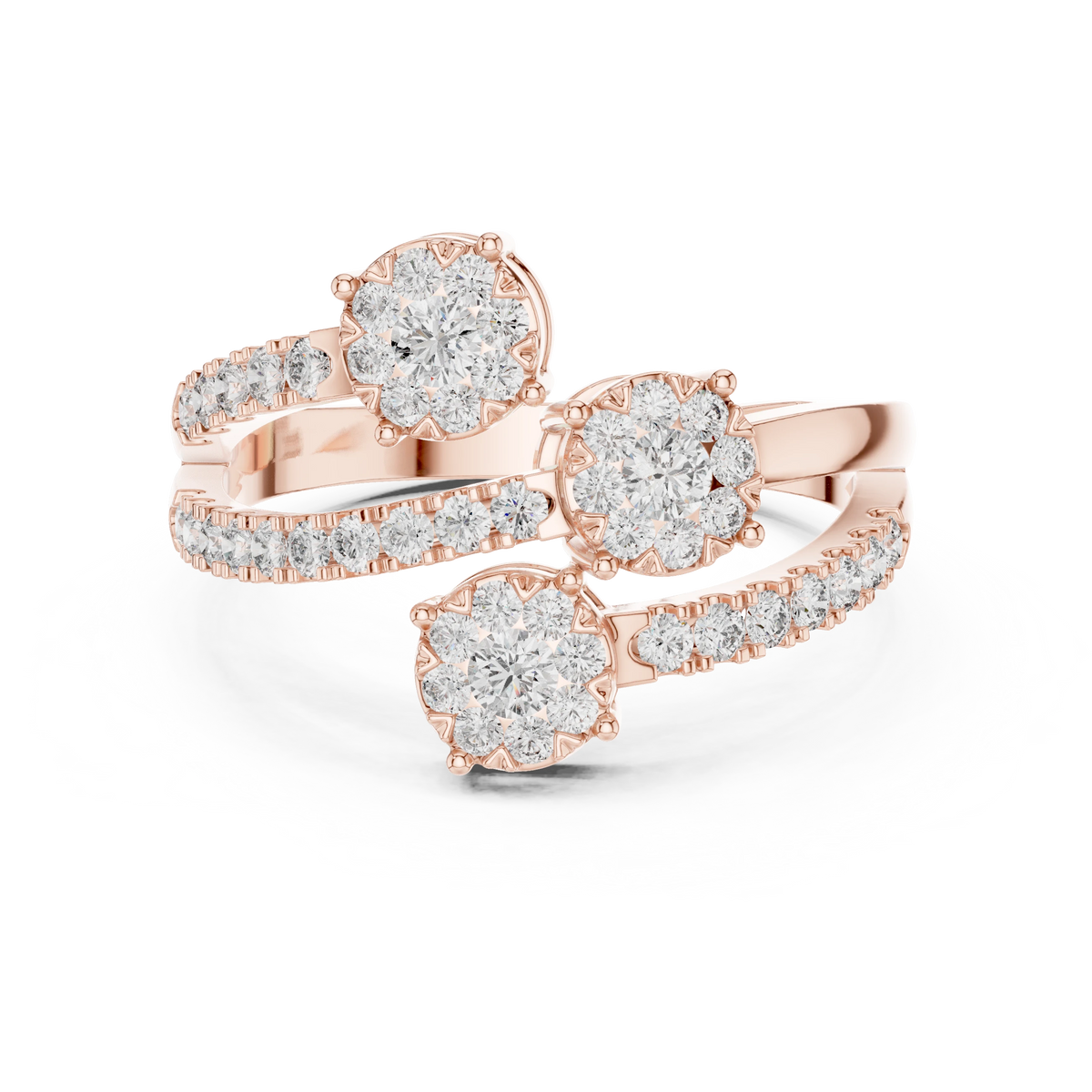 Crossing Wire Three Cluster Bypass Moissanite Ring in rose 925 sterling silver, view 4