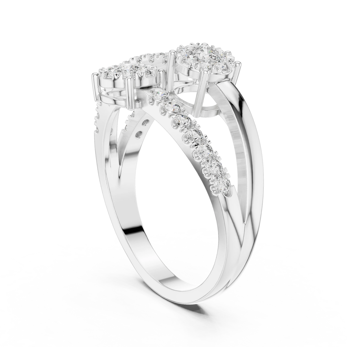Crossing Wire Three Cluster Bypass Moissanite Ring in white 925 sterling silver, view 1