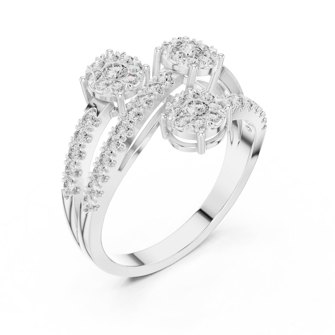 Crossing Wire Three Cluster Bypass Moissanite Ring in white 925 sterling silver, view 2