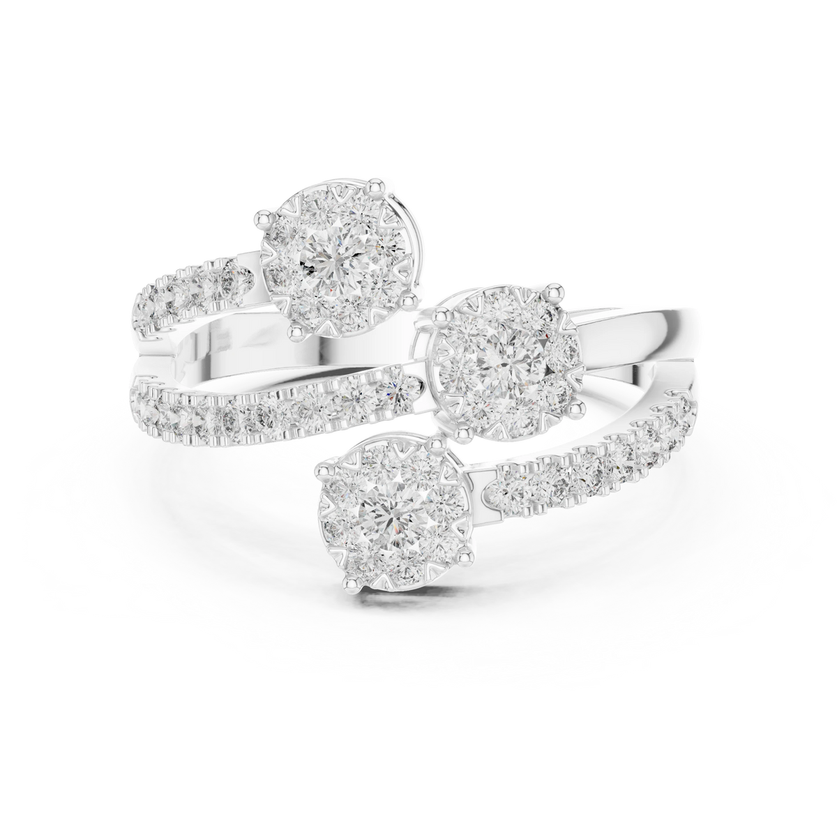 Crossing Wire Three Cluster Bypass Moissanite Ring in white 925 sterling silver, view 4