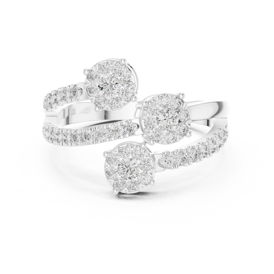Crossing Wire Three Cluster Bypass Moissanite Ring in white 925 sterling silver, view 4