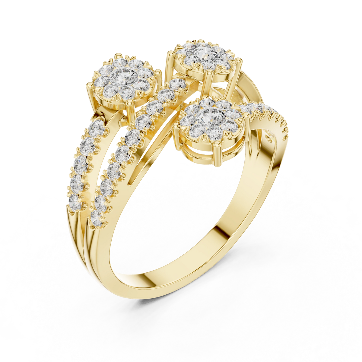 Crossing Wire Three Cluster Bypass Moissanite Ring in yellow 925 sterling silver, view 2