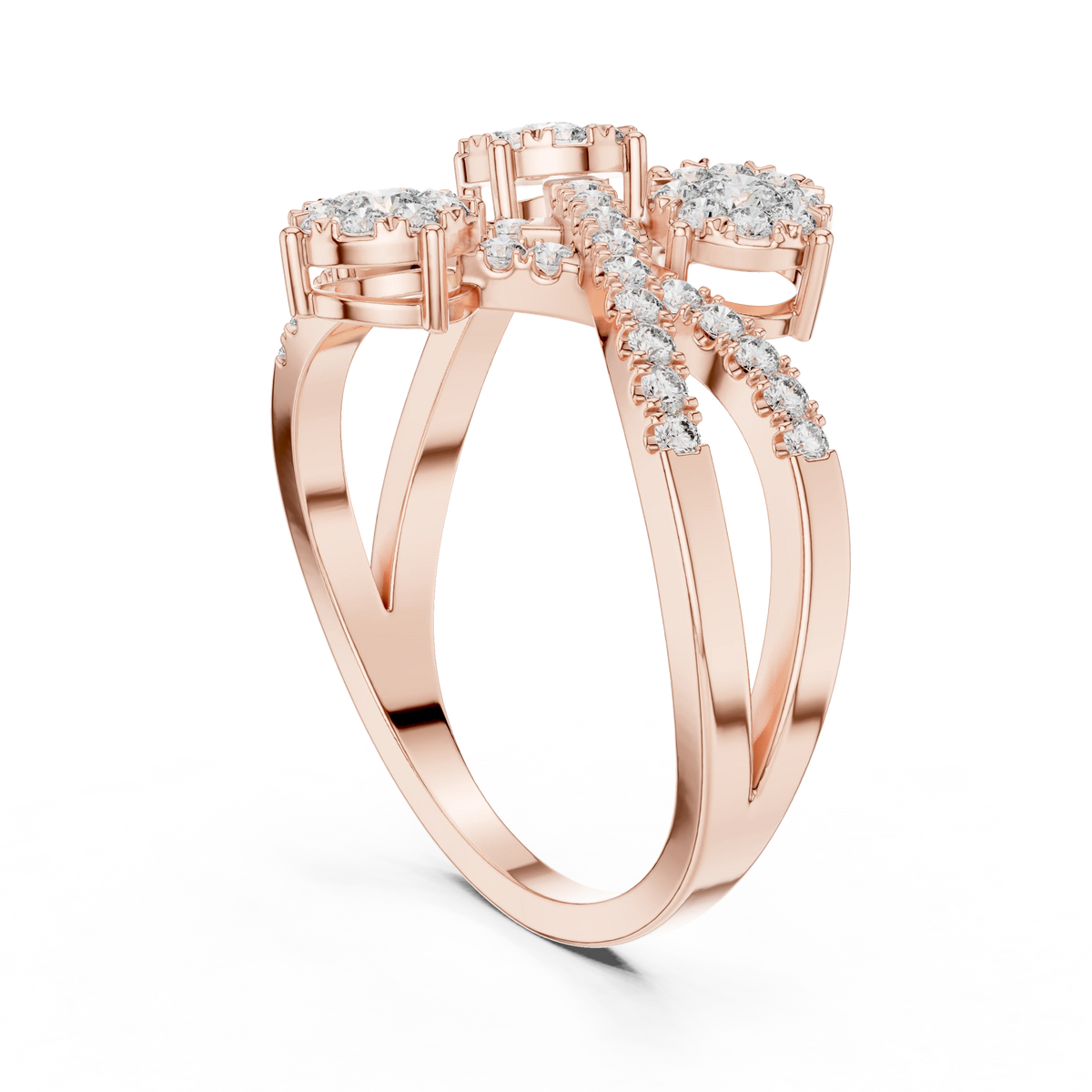 Crossover Ribbon Three Cluster Moissanite Ring in rose 925 sterling silver, view 1