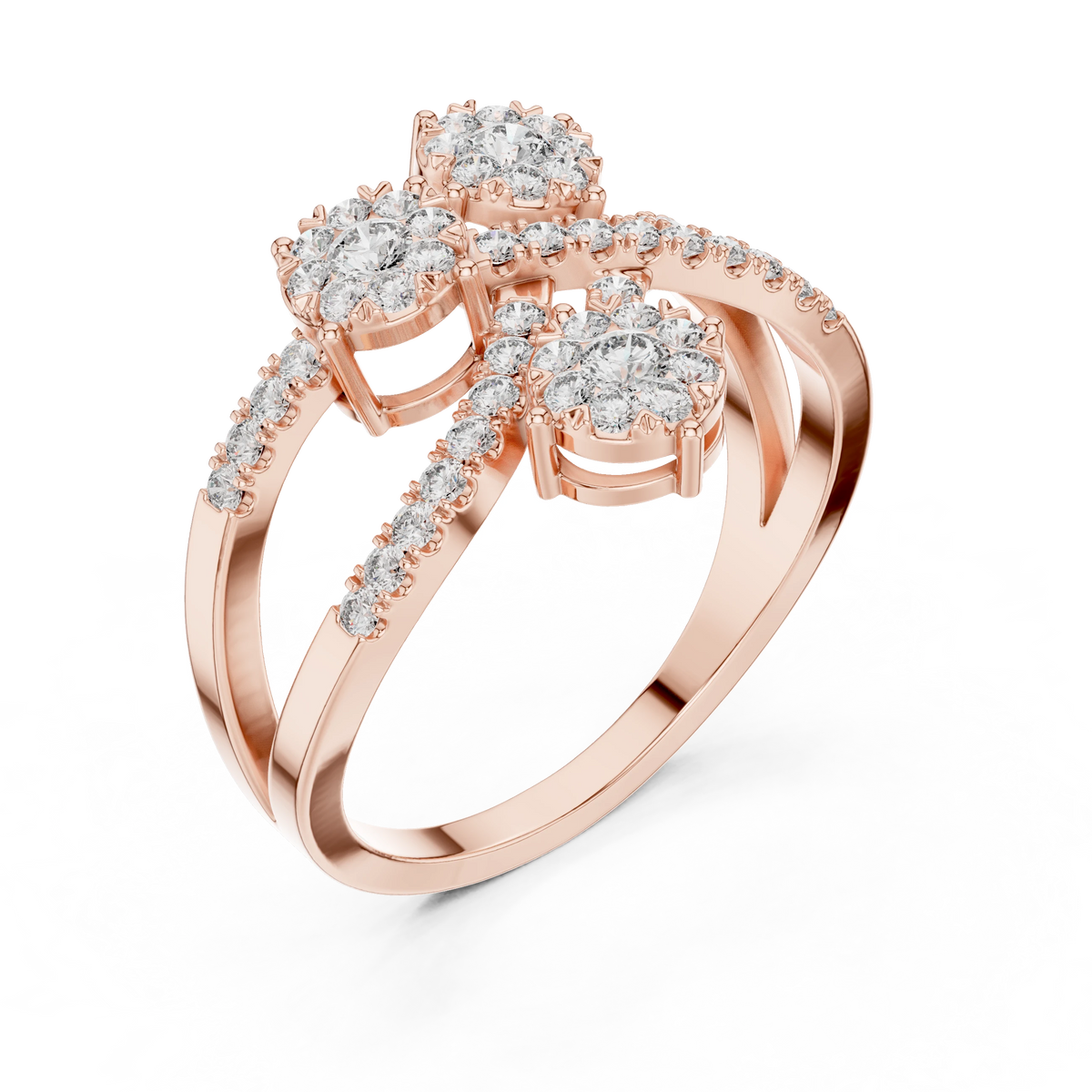 Crossover Ribbon Three Cluster Moissanite Ring in rose 925 sterling silver, view 2