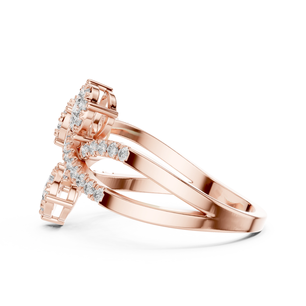 Crossover Ribbon Three Cluster Moissanite Ring in rose 925 sterling silver, view 3