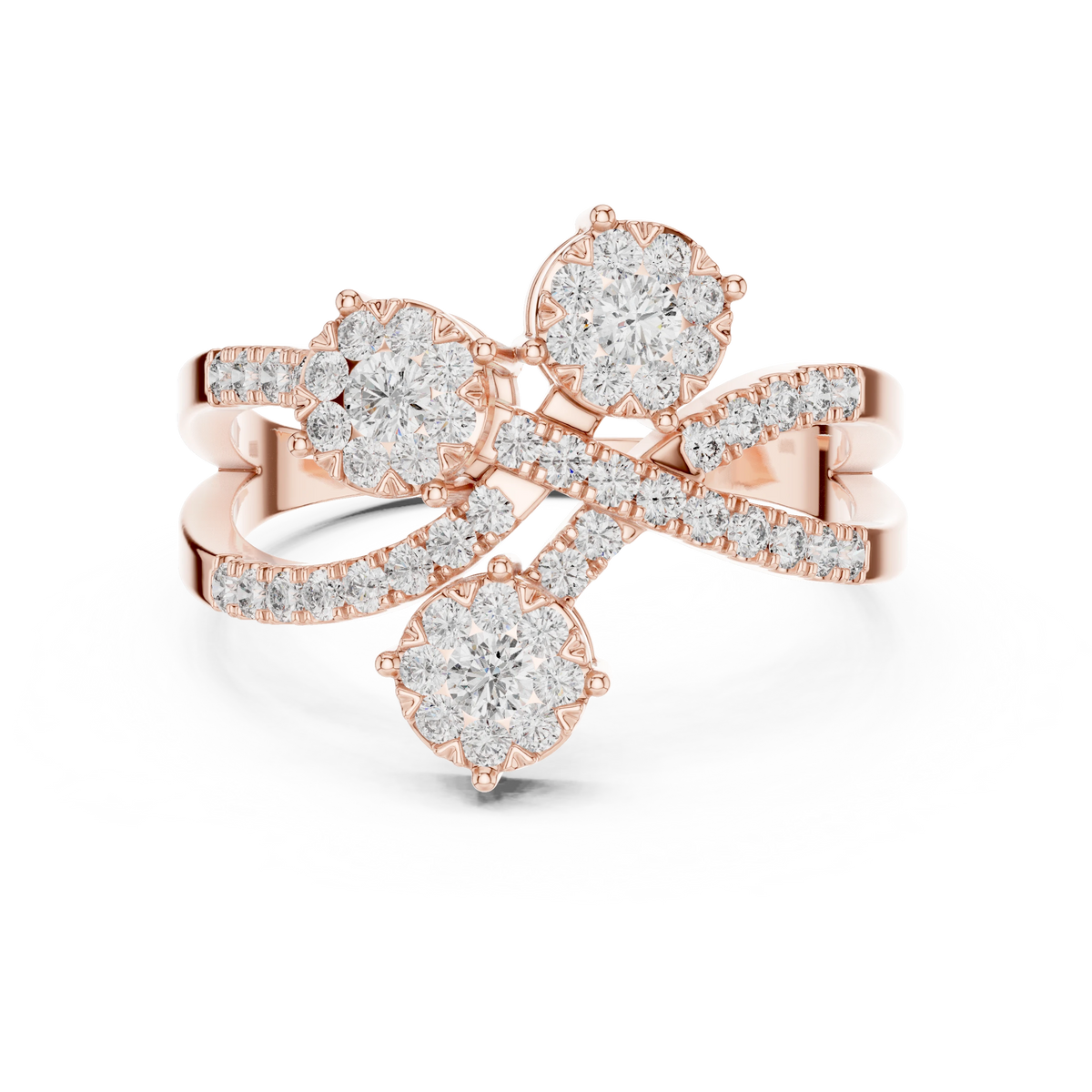 Crossover Ribbon Three Cluster Moissanite Ring in rose 925 sterling silver, view 4