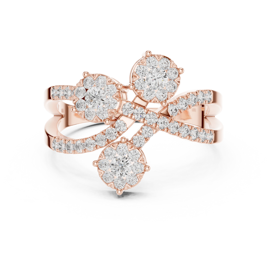 Crossover Ribbon Three Cluster Moissanite Ring in rose 925 sterling silver, view 4