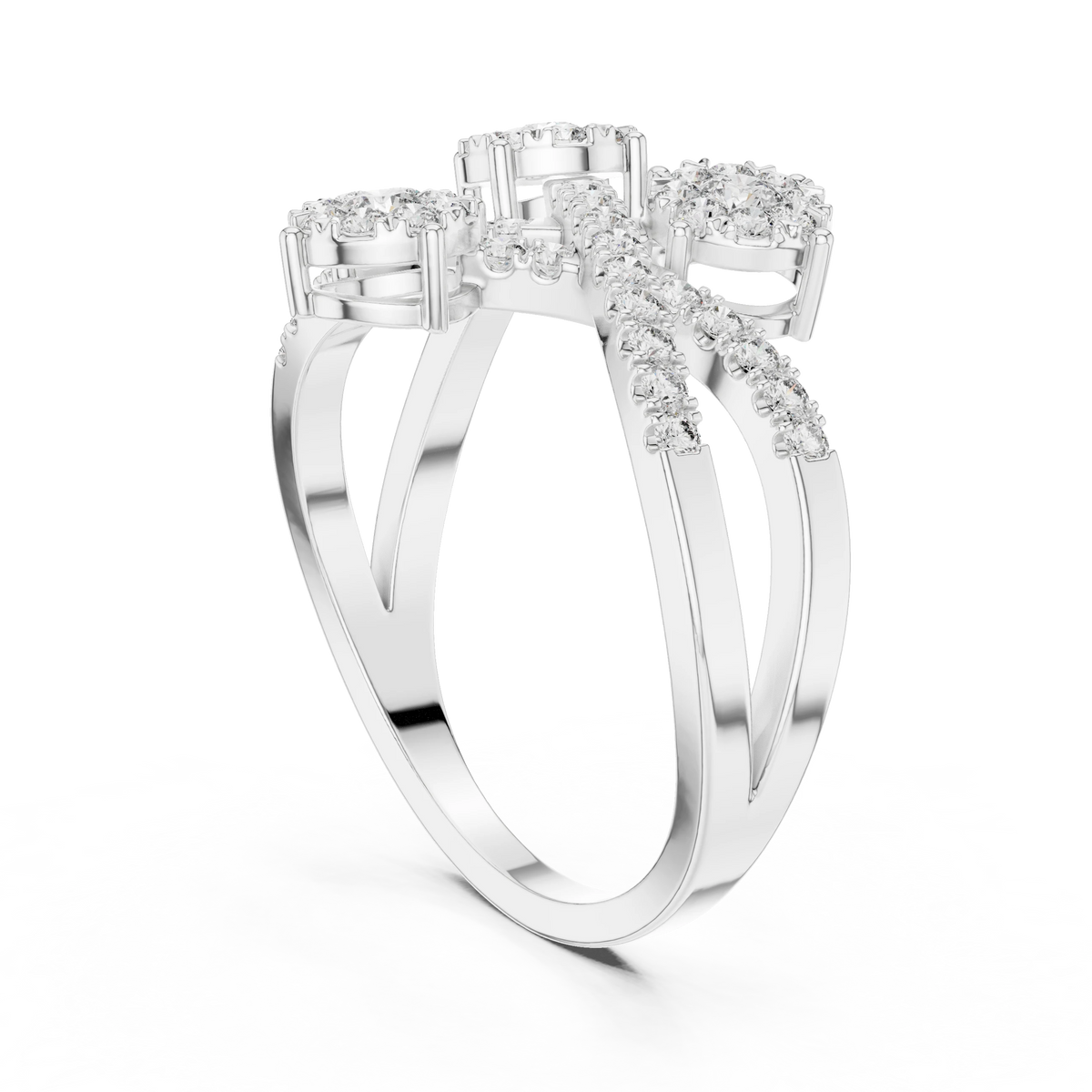 Crossover Ribbon Three Cluster Moissanite Ring in white 925 sterling silver, view 1