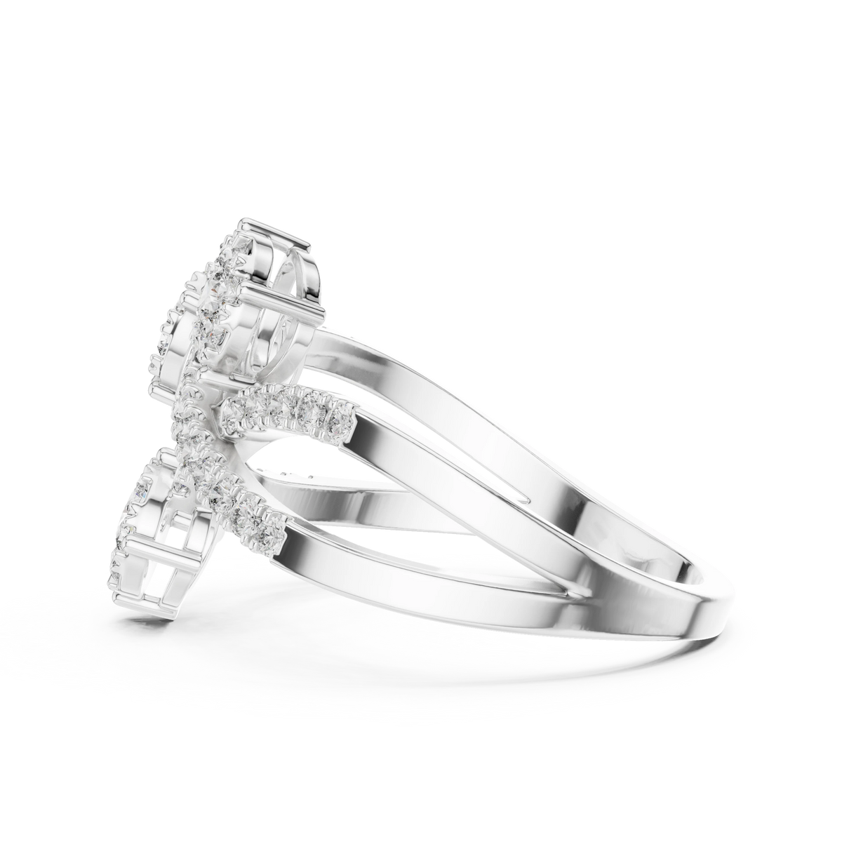Crossover Ribbon Three Cluster Moissanite Ring in white 925 sterling silver, view 3