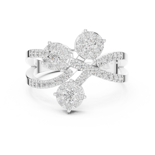 Crossover Ribbon Three Cluster Moissanite Ring in white 925 sterling silver, view 4
