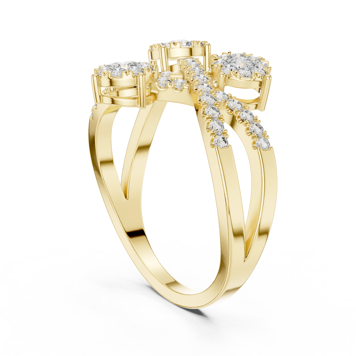 Crossover Ribbon Three Cluster Moissanite Ring in yellow 925 sterling silver, view 1