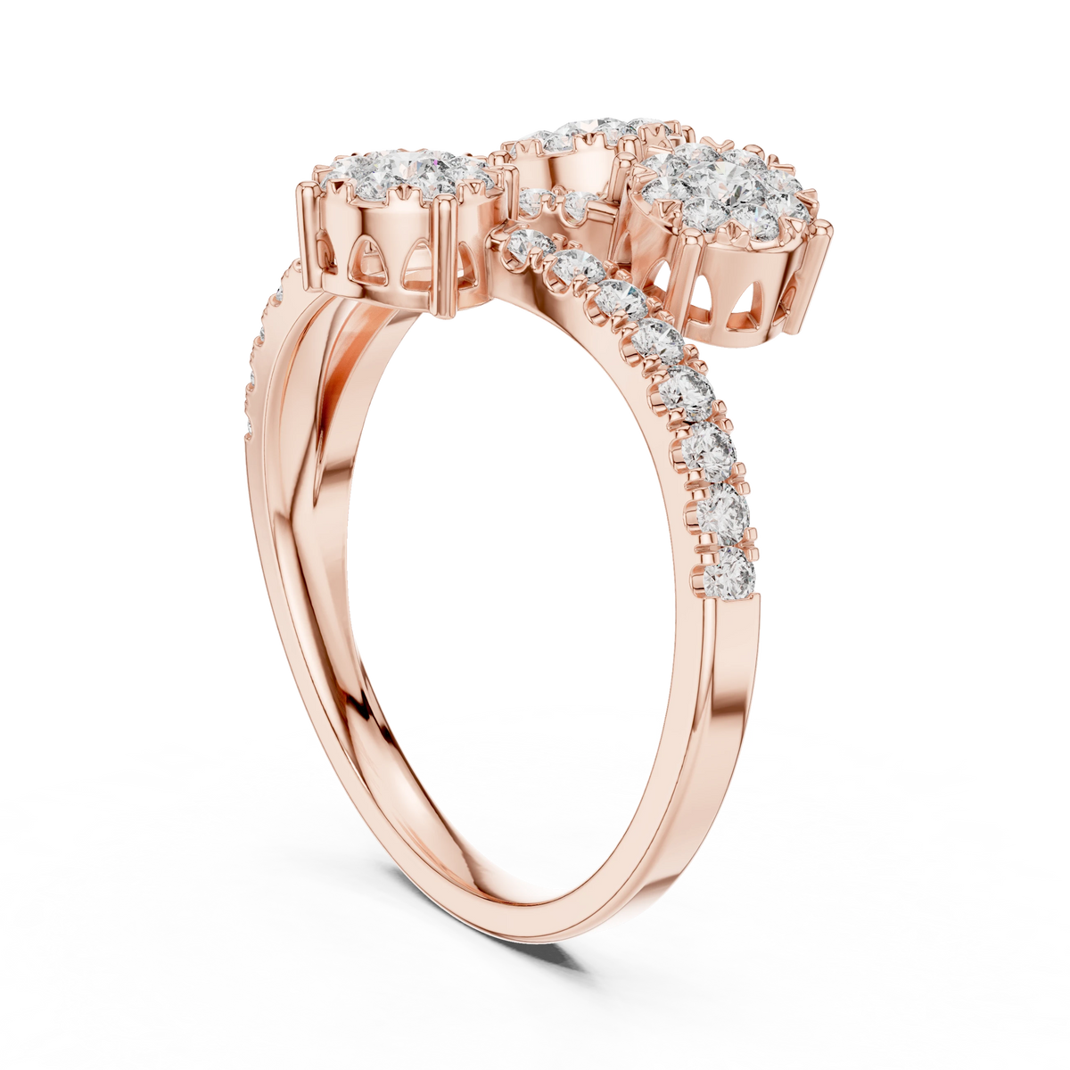 Swirling Three Cluster Bypass Moissanite Ring in rose 925 sterling silver, view 1