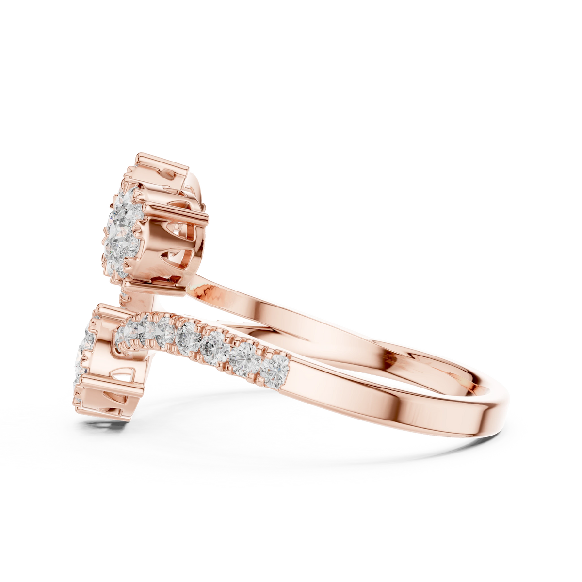 Swirling Three Cluster Bypass Moissanite Ring in rose 925 sterling silver, view 3