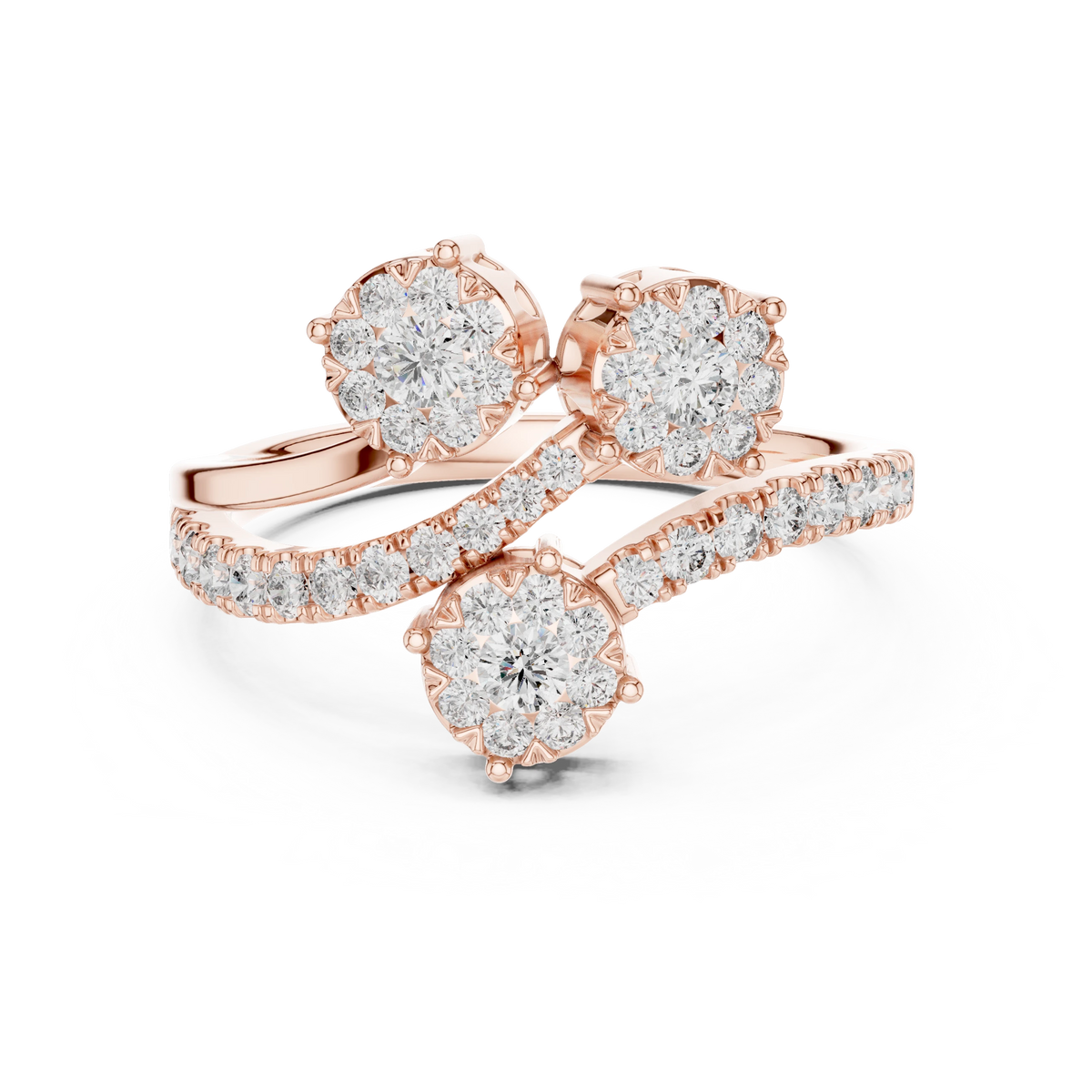 Swirling Three Cluster Bypass Moissanite Ring in rose 925 sterling silver, view 4