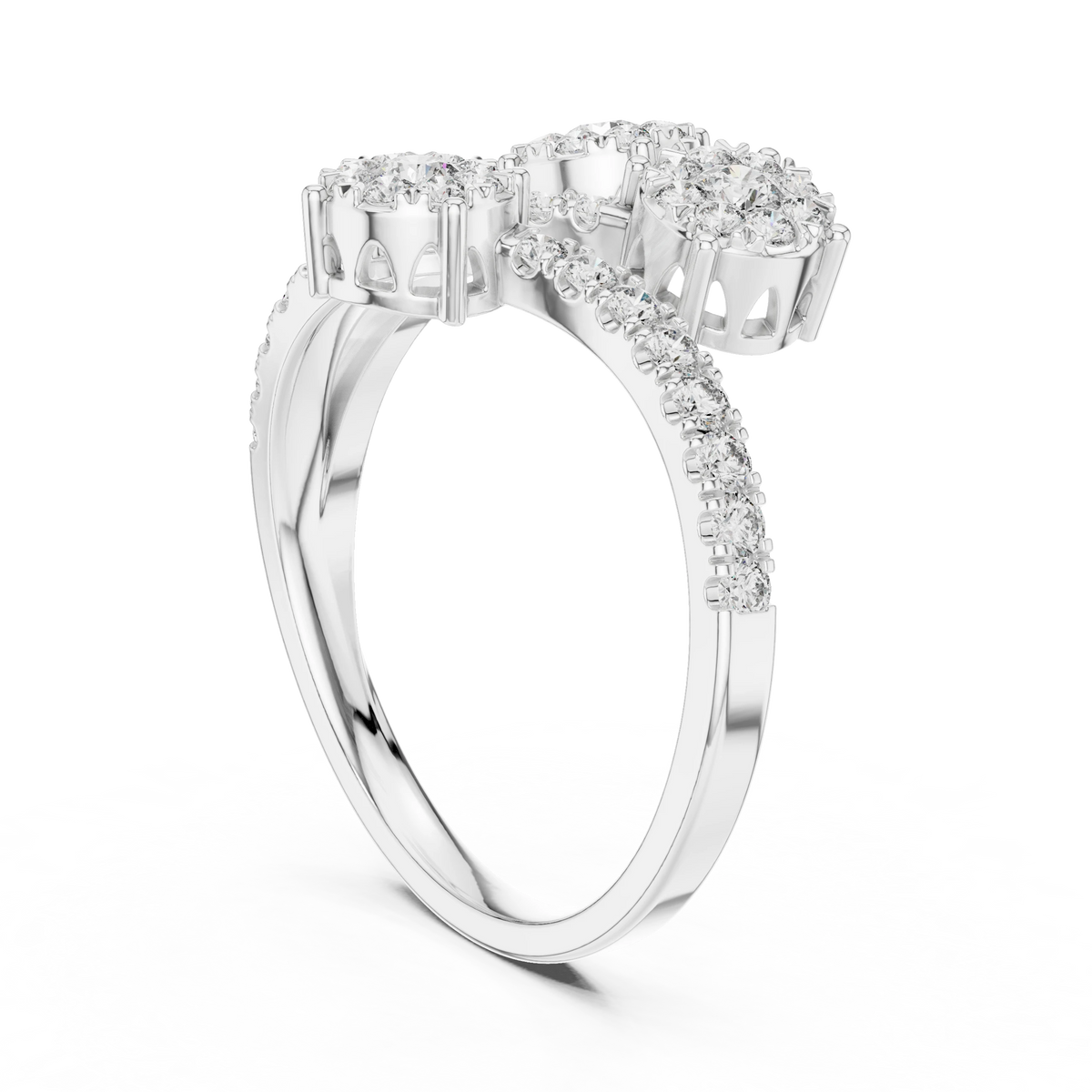 Swirling Three Cluster Bypass Moissanite Ring in white 925 sterling silver, view 1