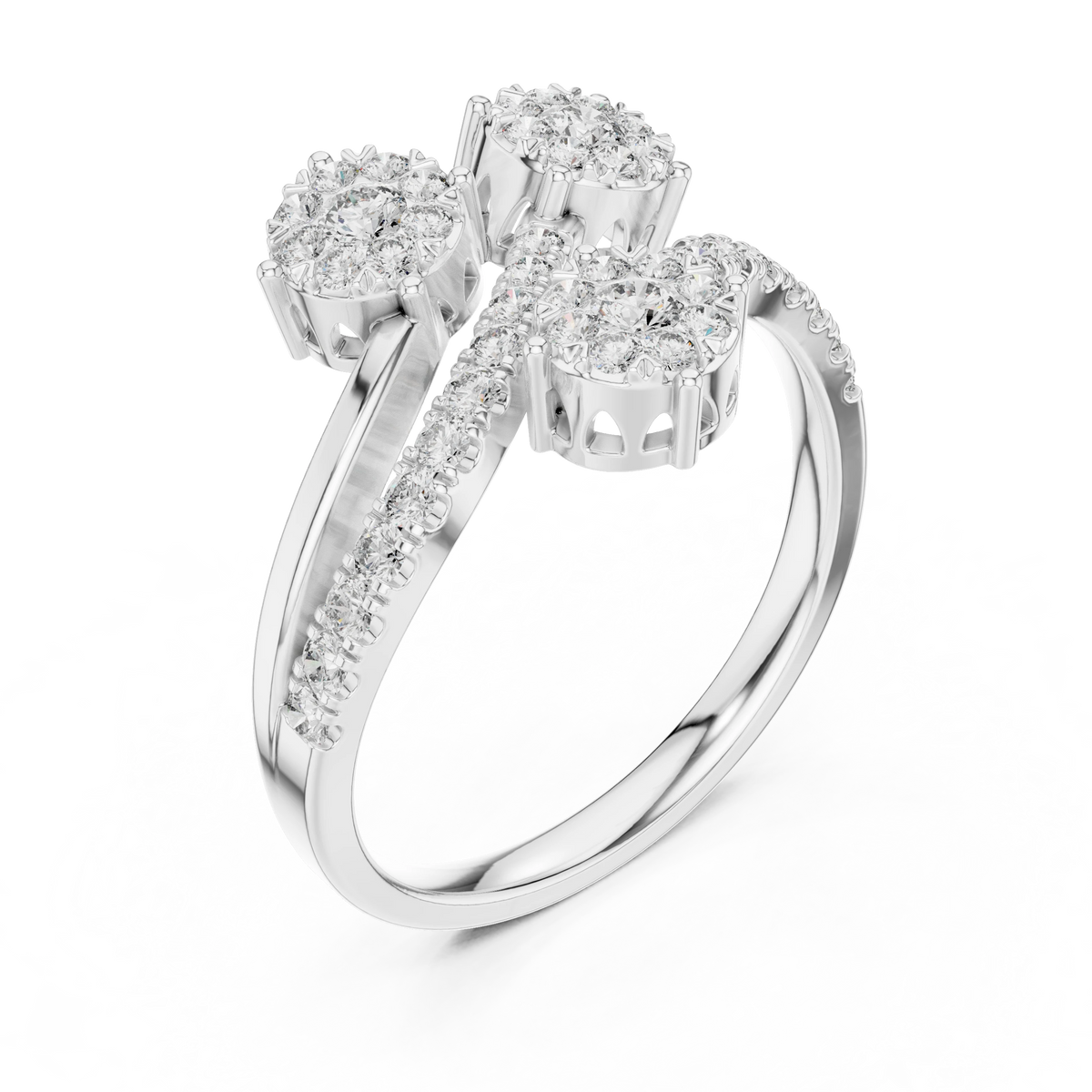 Swirling Three Cluster Bypass Moissanite Ring in white 925 sterling silver, view 2