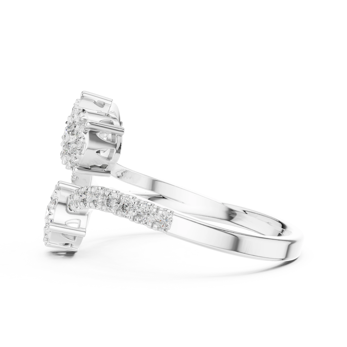 Swirling Three Cluster Bypass Moissanite Ring in white 925 sterling silver, view 3