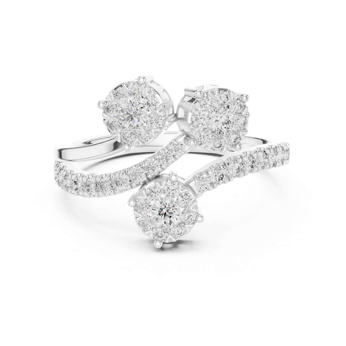 Swirling Three Cluster Bypass Moissanite Ring in white 925 sterling silver, view 4