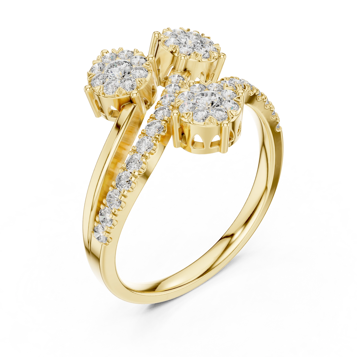 Swirling Three Cluster Bypass Moissanite Ring in yellow 925 sterling silver, view 2