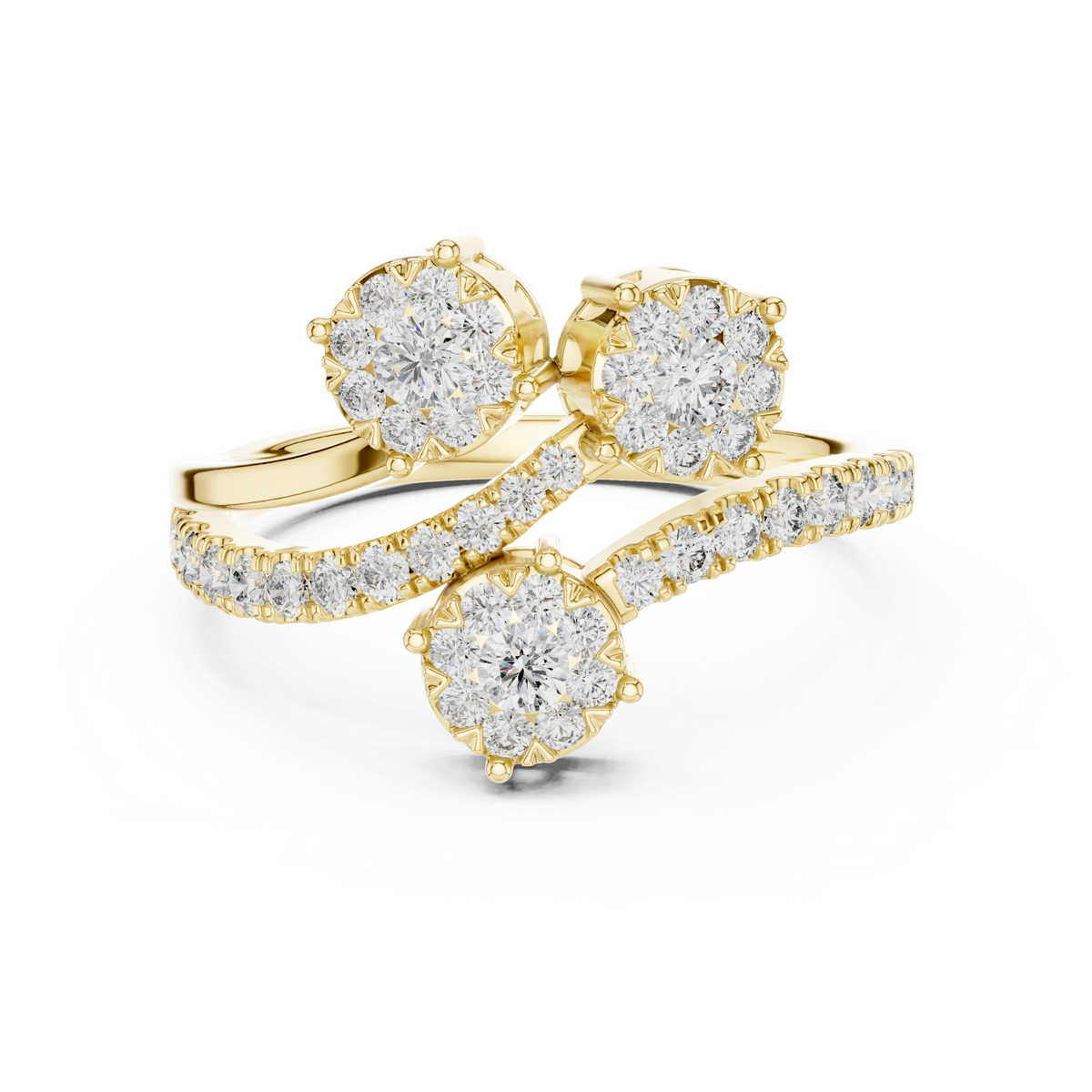 Swirling Three Cluster Bypass Moissanite Ring in yellow 925 sterling silver, view 4