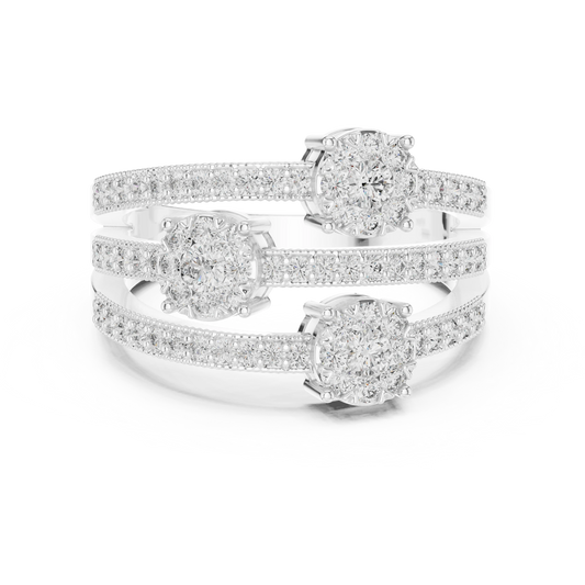 Wide Three Row Staggered Cluster Moissanite Ring in white 925 sterling silver, view 4