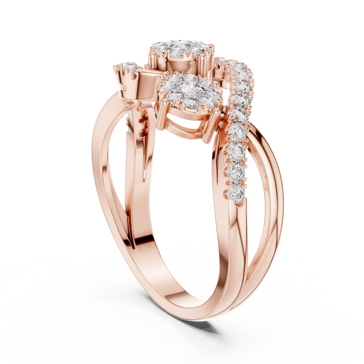 S Swirl Three Cluster Moissanite Ring in rose 925 sterling silver, view 1