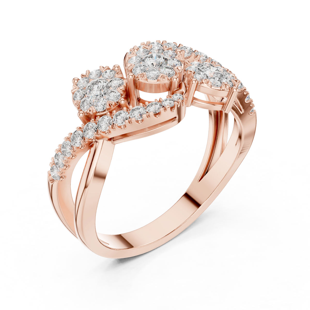 S Swirl Three Cluster Moissanite Ring in rose 925 sterling silver, view 2