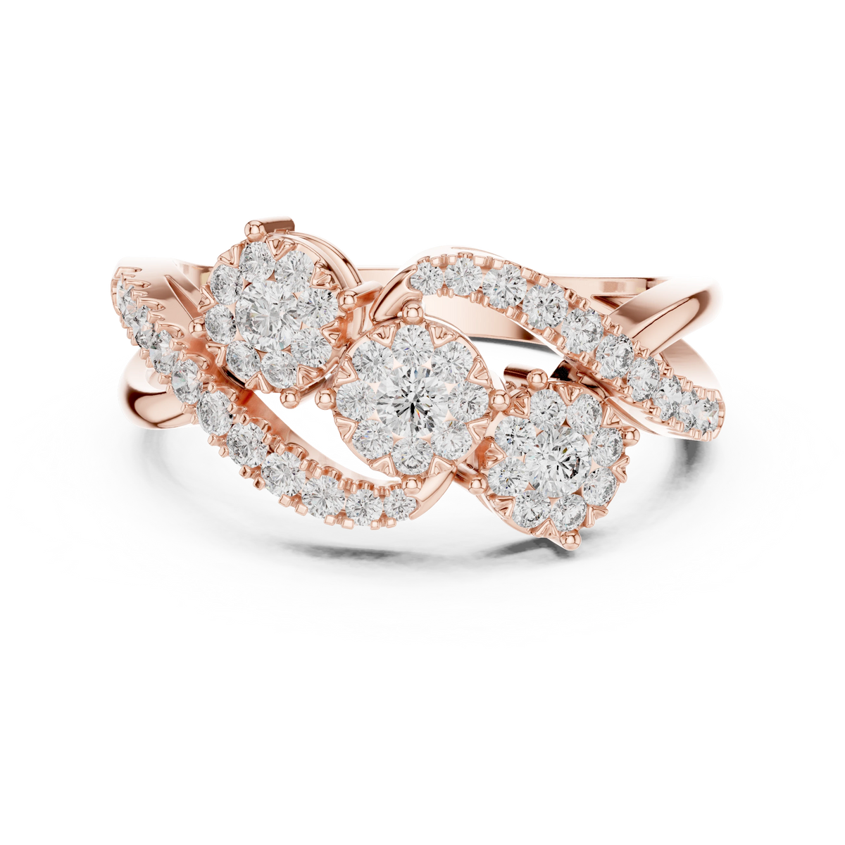 S Swirl Three Cluster Moissanite Ring in rose 925 sterling silver, view 4