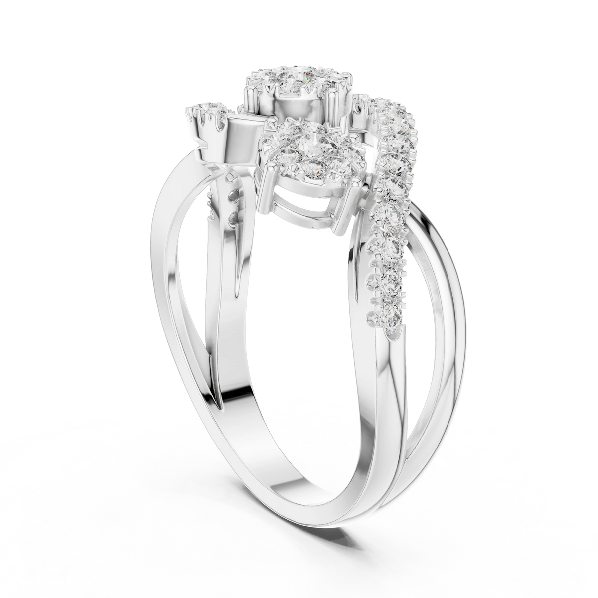 S Swirl Three Cluster Moissanite Ring in white 925 sterling silver, view 1