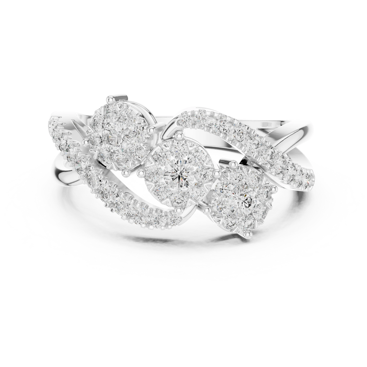 S Swirl Three Cluster Moissanite Ring in white 925 sterling silver, view 4
