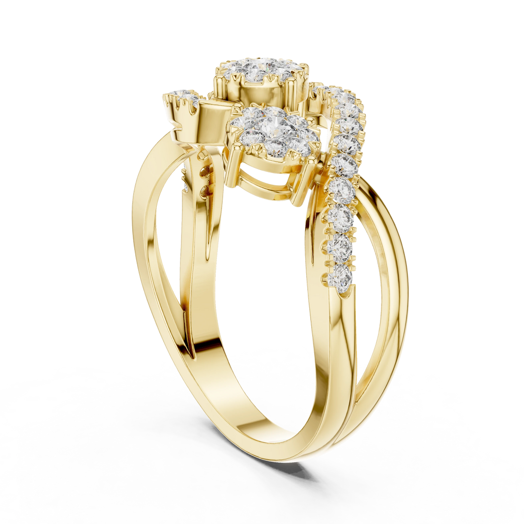 S Swirl Three Cluster Moissanite Ring in yellow 925 sterling silver, view 1